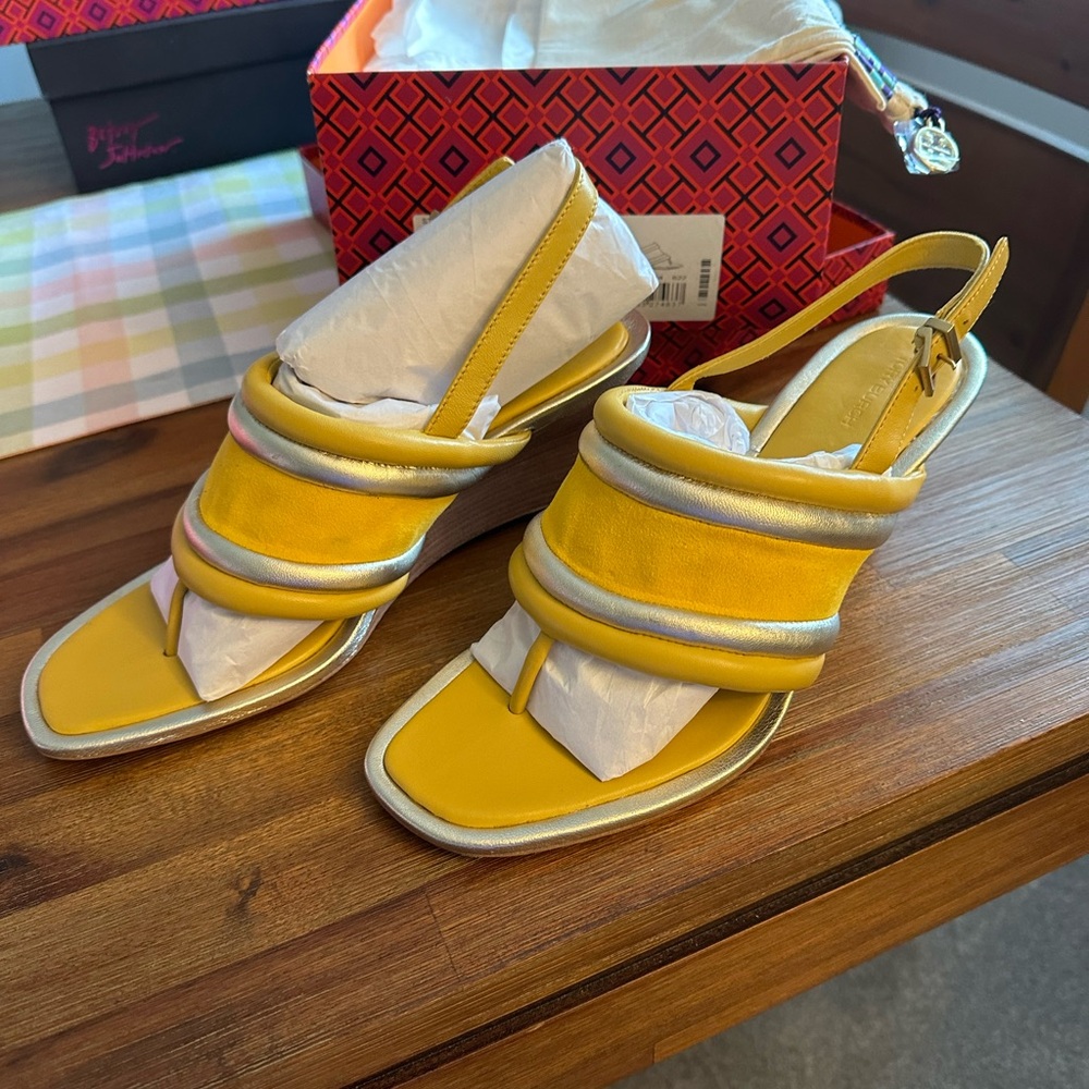 Tory Burch Puffy wedge 65 MM goldfinch golden silk suede sold with box & bag